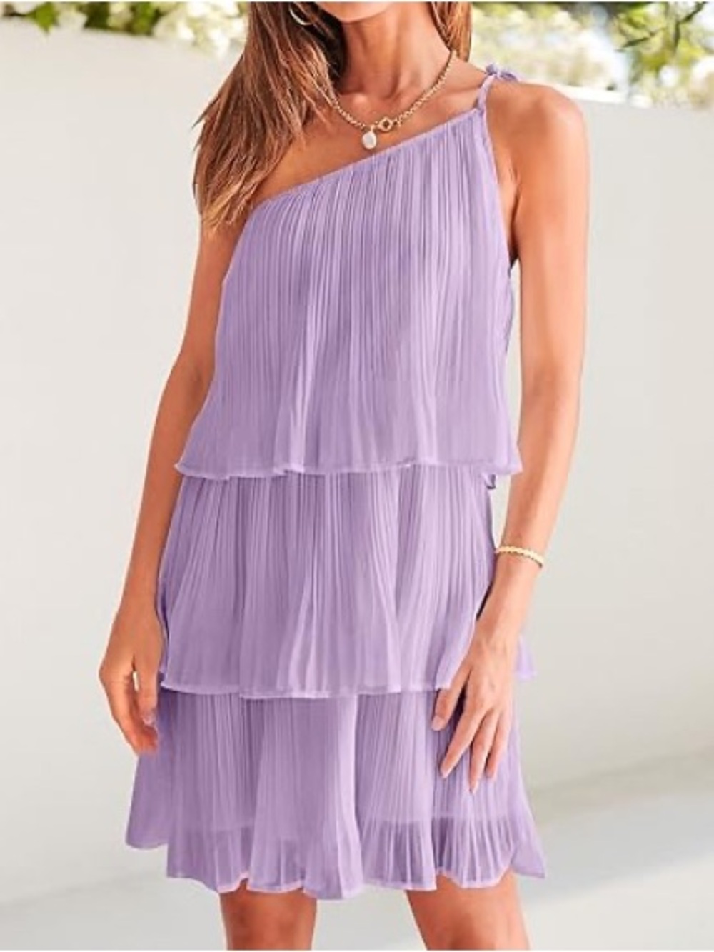 NWT Zesica Lavender One-Shoulder Tiered Pleated Dress
